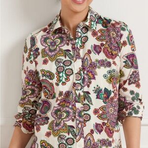 Talbots White Button-Down Shirt with Multicolor Paisley Print